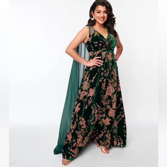 Unique Vintage Dresses & Skirts - Unique Vintage Emerald & Cherry Blossom Velvet Cape Maxi Dress Medium NWT